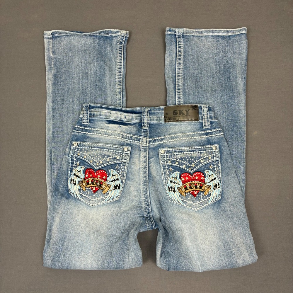 SKY Light Wash Flared Jeans Women's Size 26x28 Heart Pockets Rhinestones